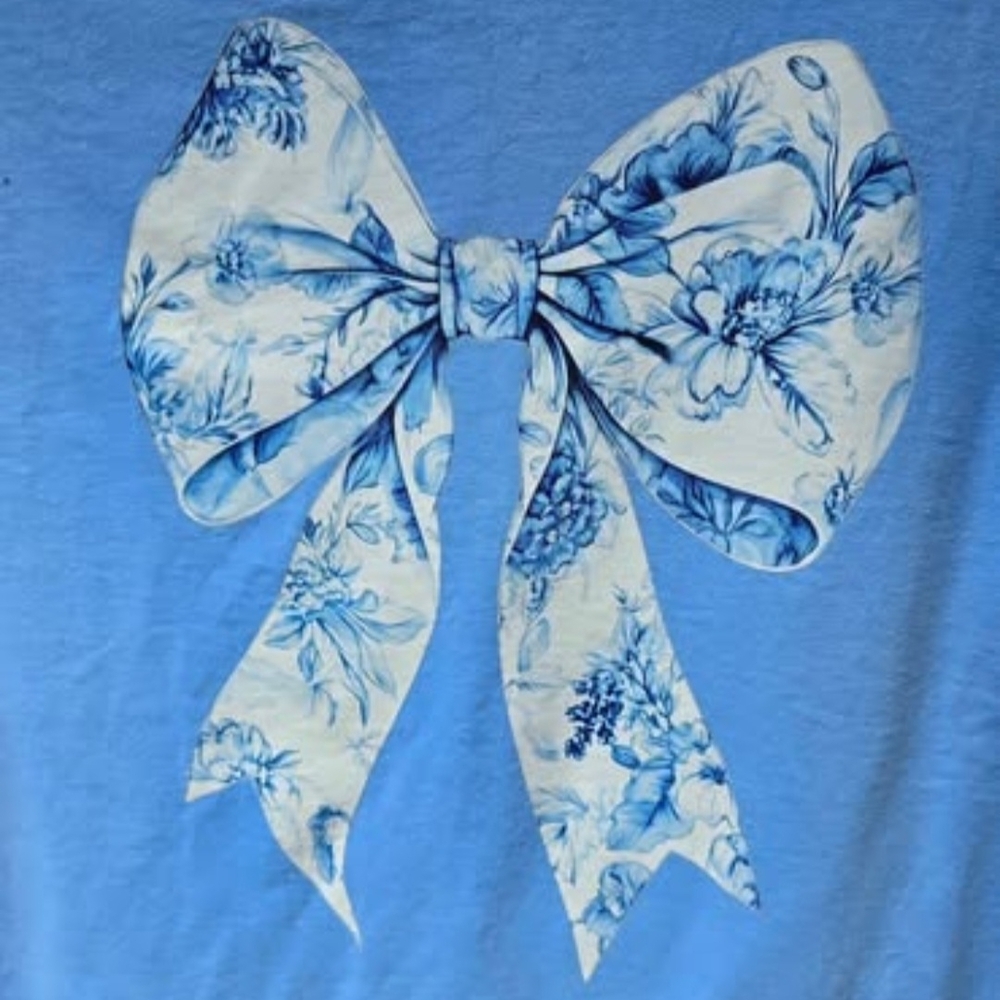 XL Blue Toile Coquette Bow Long Sleeve Tshirt